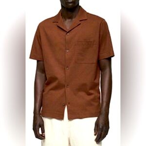 NEW Mango 100% Cotton Short Sleeve Botton Down Shirt Small Brown Casual Clasic